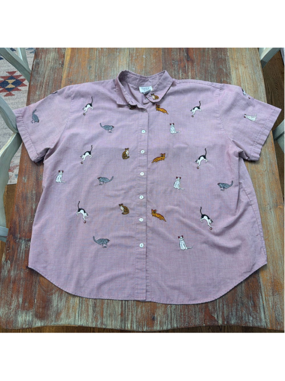 Vintage Teddi 90s Embroidered All-Over Cat Micro Check Button Front Shirt 3X Plu